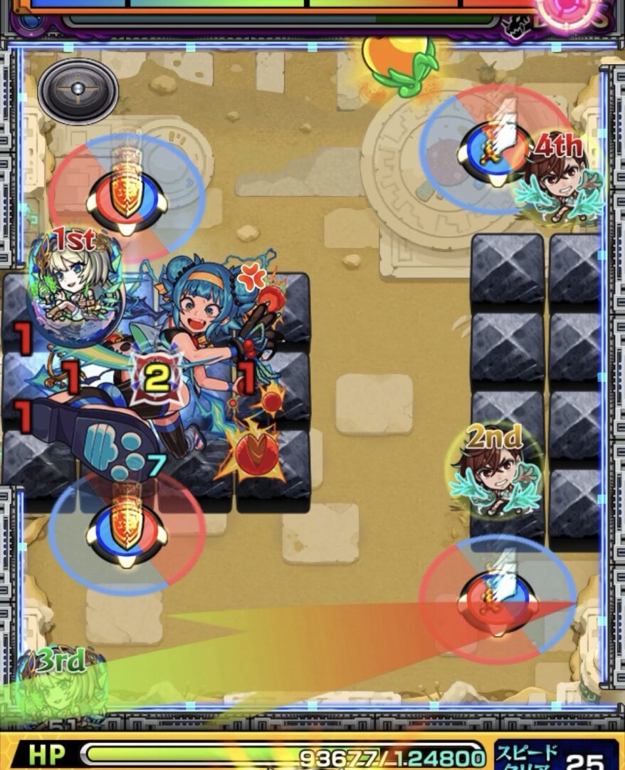 未開の砂宮拠点27ボス1の4手目で剣パネルを赤で踏みボスと壁の間に入り大ダメージを与えた場面