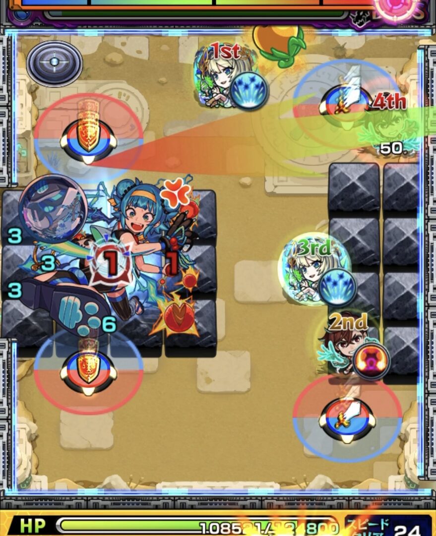 未開の砂宮拠点27ボス1の5手目で剣パネルを赤で踏みボスと左壁の間に入り撃破した場面