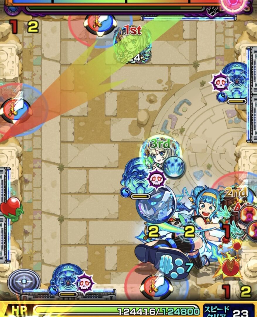 未開の砂宮拠点27ボス2の1手目で回転パネルを赤で踏みボスへ攻撃しダメージを与えた場面