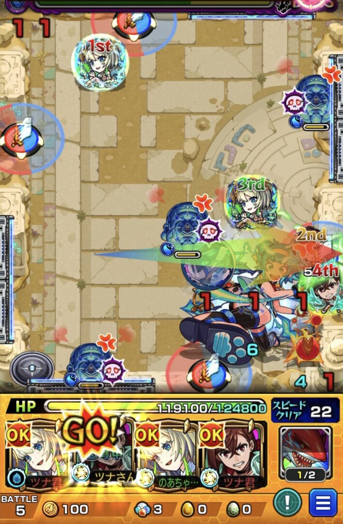 未開の砂宮拠点27ボス2の2手目でモモのSSを使用し剣パネルを赤で踏んでボスと右壁の間で攻撃し撃破した場面