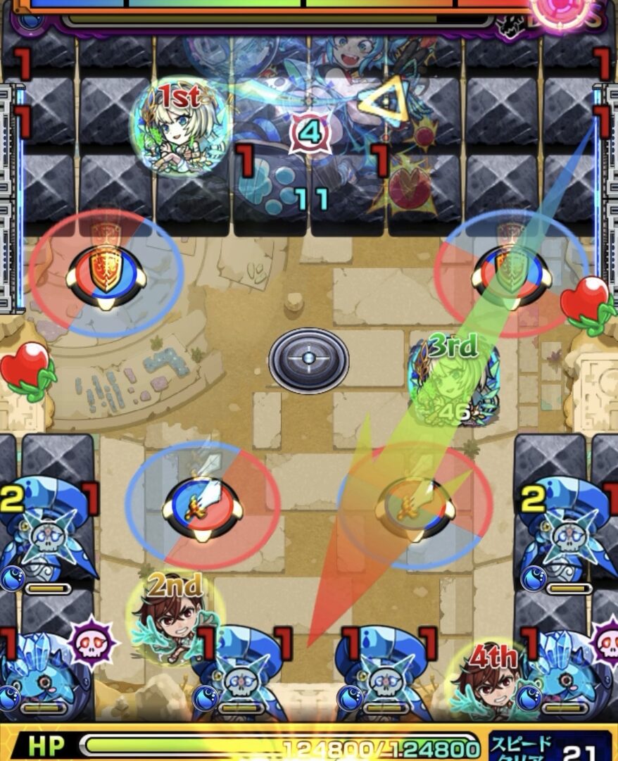 未開の砂宮拠点27ボス3の1手目で剣パネルを赤で踏みハンシャイン2体の間に入り処理した場面