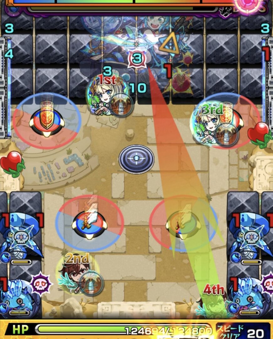 未開の砂宮拠点27ボス3の2手目で剣パネルを赤で踏み直殴りでかちリン2体とハンシャイン1体を処理した場面