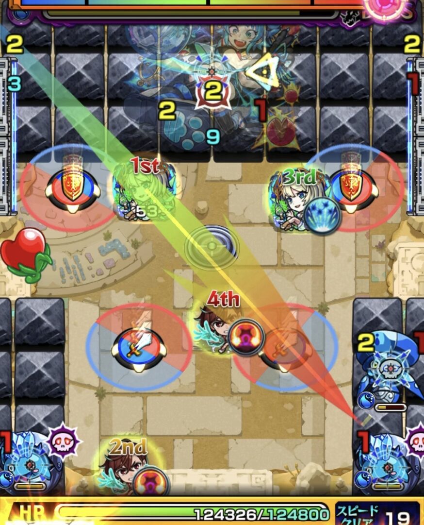 未開の砂宮拠点27ボス3の3手目で剣パネルを赤で踏みハンシャインを処理しクロスドクロ発動でボスが実体化した場面