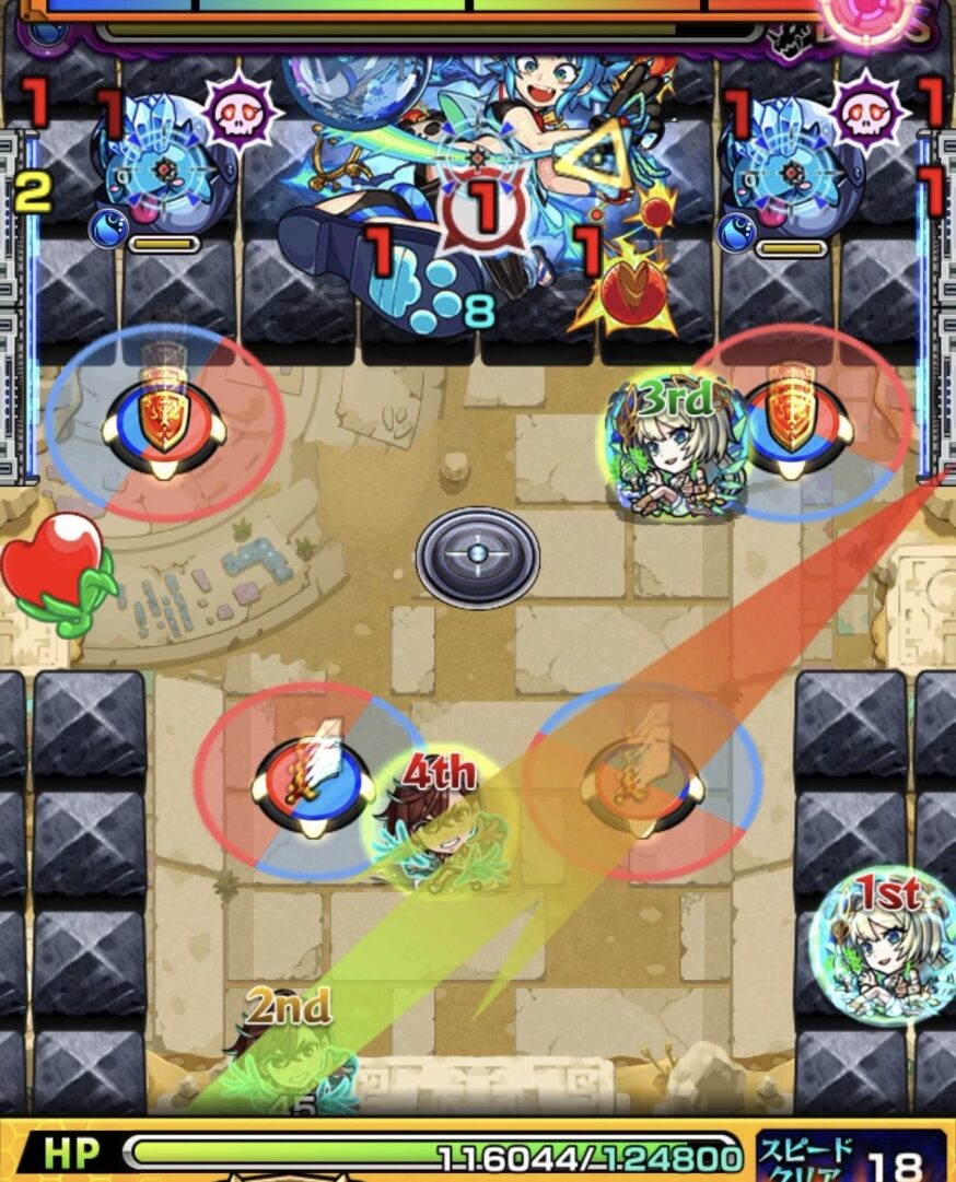 未開の砂宮拠点27ボス3の4手目で剣パネルと盾パネルを赤で踏み右壁経由でボスとかちリンの間に入り大ダメージを与えた場面