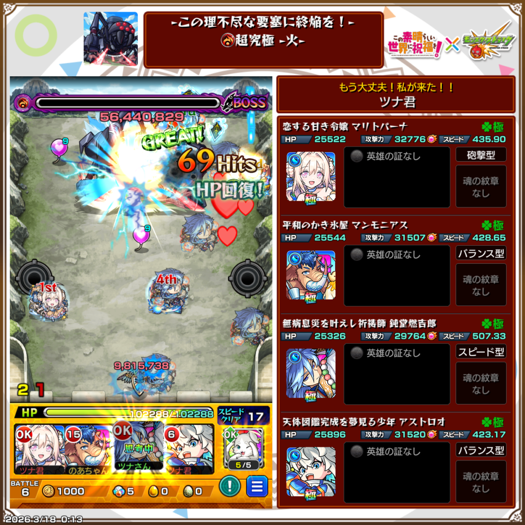 超究極デストロイヤー火属性ステージのクリア編成画面。マリトパーナ、マンモニアス、鈍堂燃吉郎、アストロオの編成でボスを69ヒットで撃破した場面のスクリーンショット。