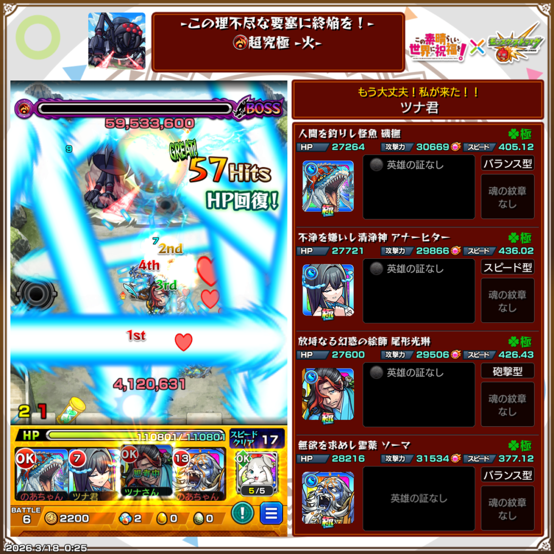 超究極デストロイヤー火属性ステージのクリア編成画面。磯撫、アナーヒター、尾形光琳、ソーマの編成でボスを57ヒットで撃破し、HPを回復しながら突破した場面のスクリーンショット。