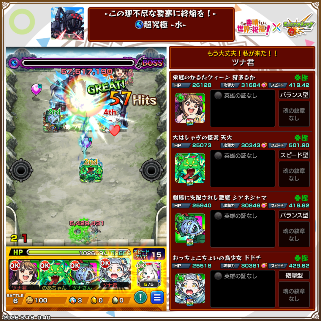 超究極デストロイヤー水属性ステージのクリア編成画面。狩多るか、天火、シアネジャマ、ドドチの編成でボスを57ヒットで撃破し、安定して突破した場面のスクリーンショット。