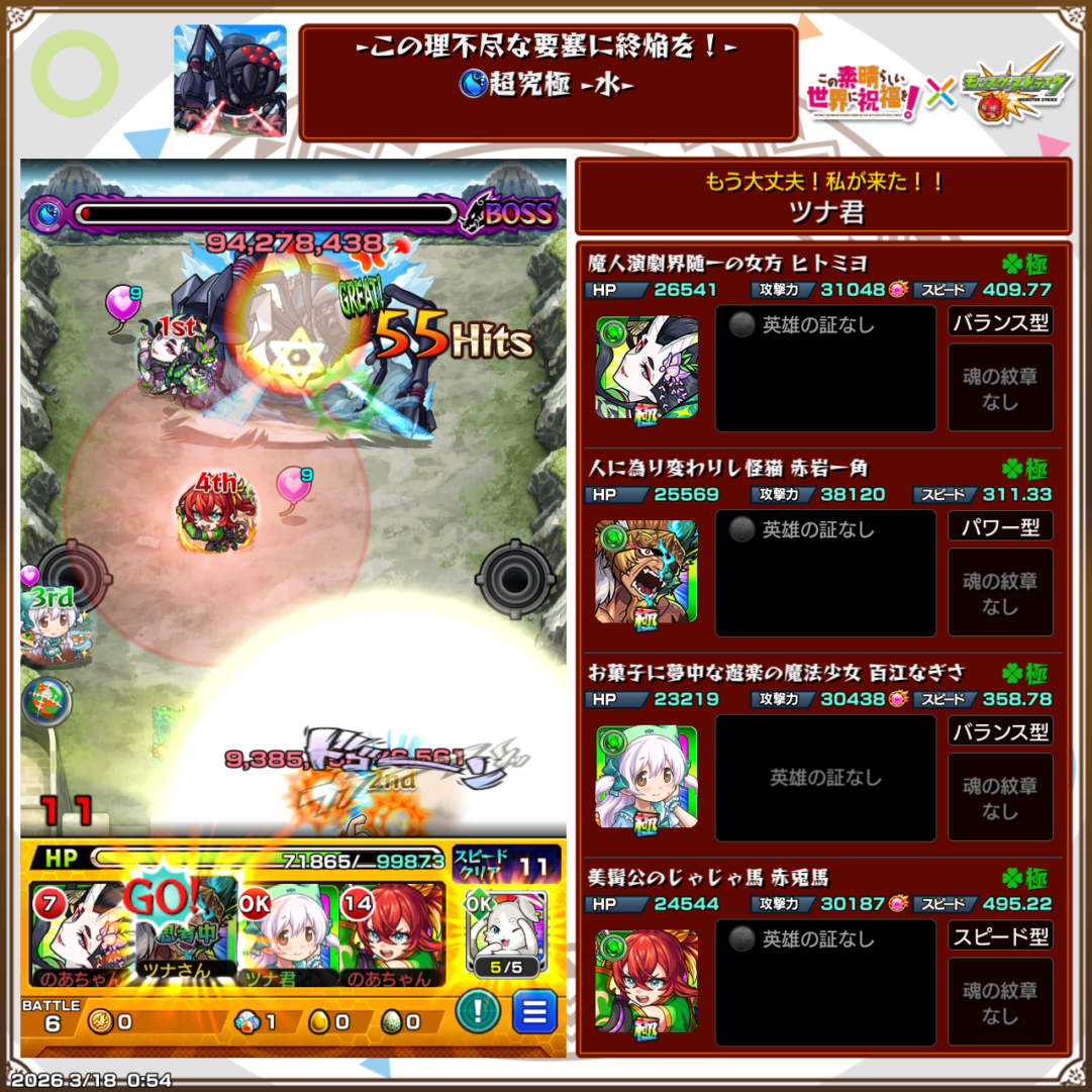 超究極デストロイヤー水属性ステージのクリア編成画面。ヒトミヨ、赤岩一角、百江なぎさ、赤兎馬の編成でボスを55ヒットで撃破した場面のスクリーンショット。