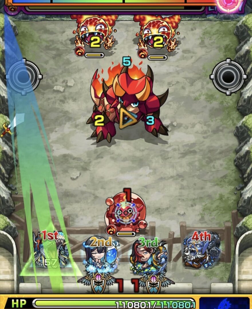 超究極デストロイヤーのステージ1攻略画像。左のビジョンベースを踏んで分身を出し、ぷよリン処理とトリケラトプスにダメージを与える立ち回りを解説したスクリーンショット。