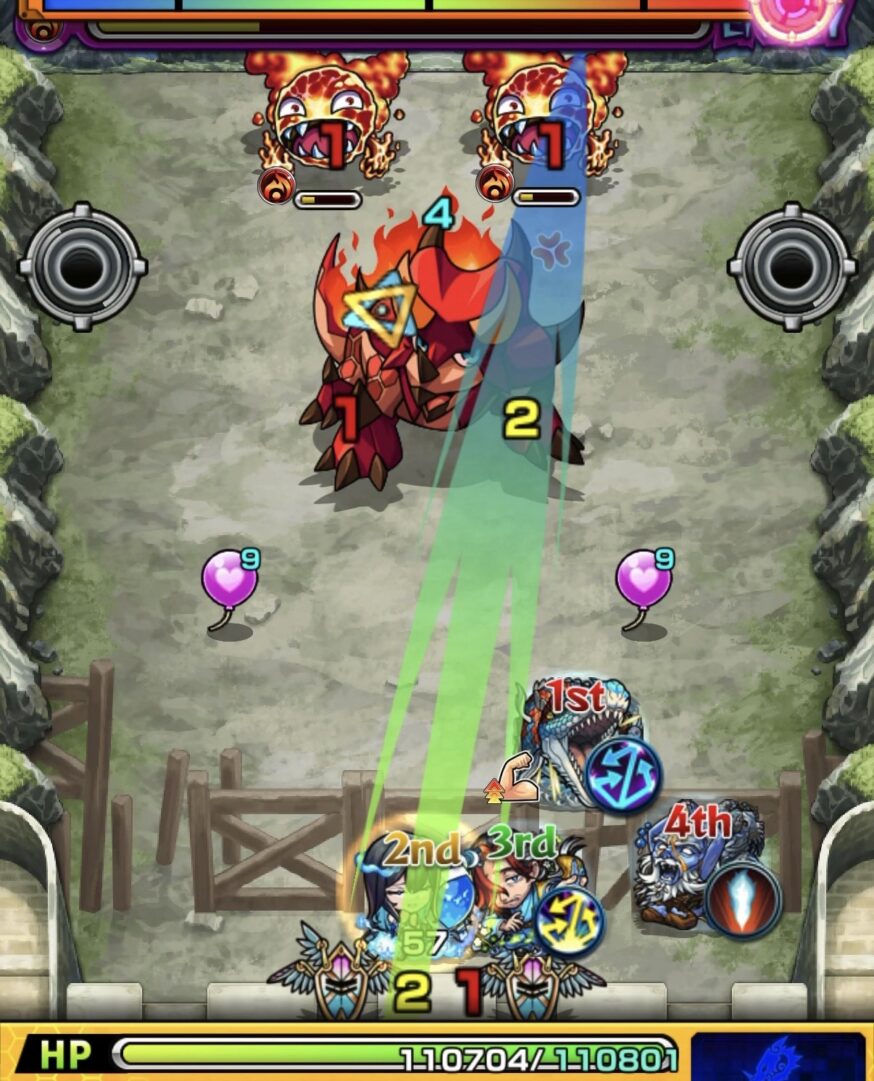 超究極デストロイヤーのステージ1攻略2手目。ヒーリングバルーンを敵に付与しないよう調整しつつ、ビジョンベースの分身でトリケラトプスを処理して突破した場面の解説画像。