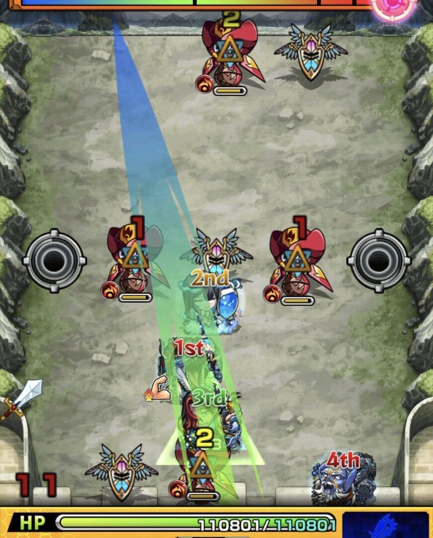 超究極デストロイヤーのステージ2攻略1手目。上壁反射からビジョンベースを踏み、分身で複数のハンシャインにダメージを与えた立ち回りの解説画像。