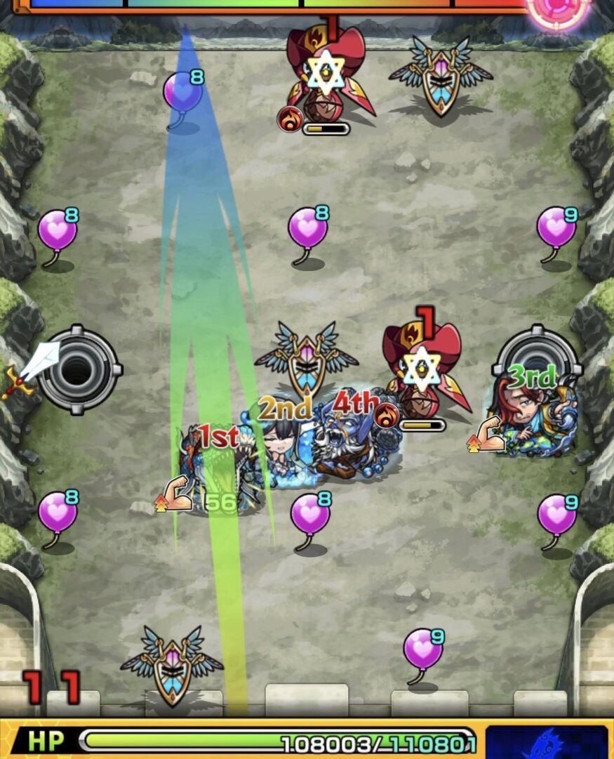 超究極デストロイヤーのステージ2攻略3手目。上壁反射からビジョンベースを踏み、分身で残りのハンシャイン2体を処理して突破した場面の解説画像。