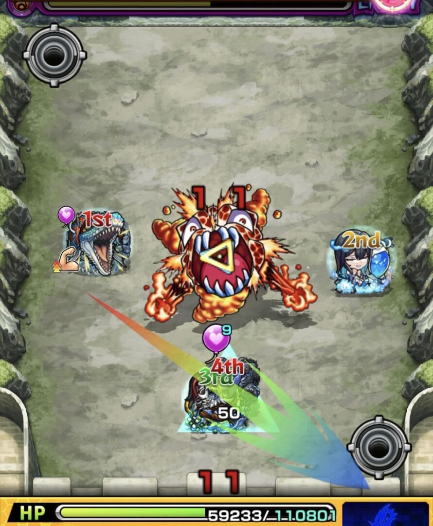 超究極デストロイヤーのステージ3攻略3手目。ビジョンベースを踏んで分身を出し、バゴーンの弱点に大ダメージを与えた場面の解説画像。