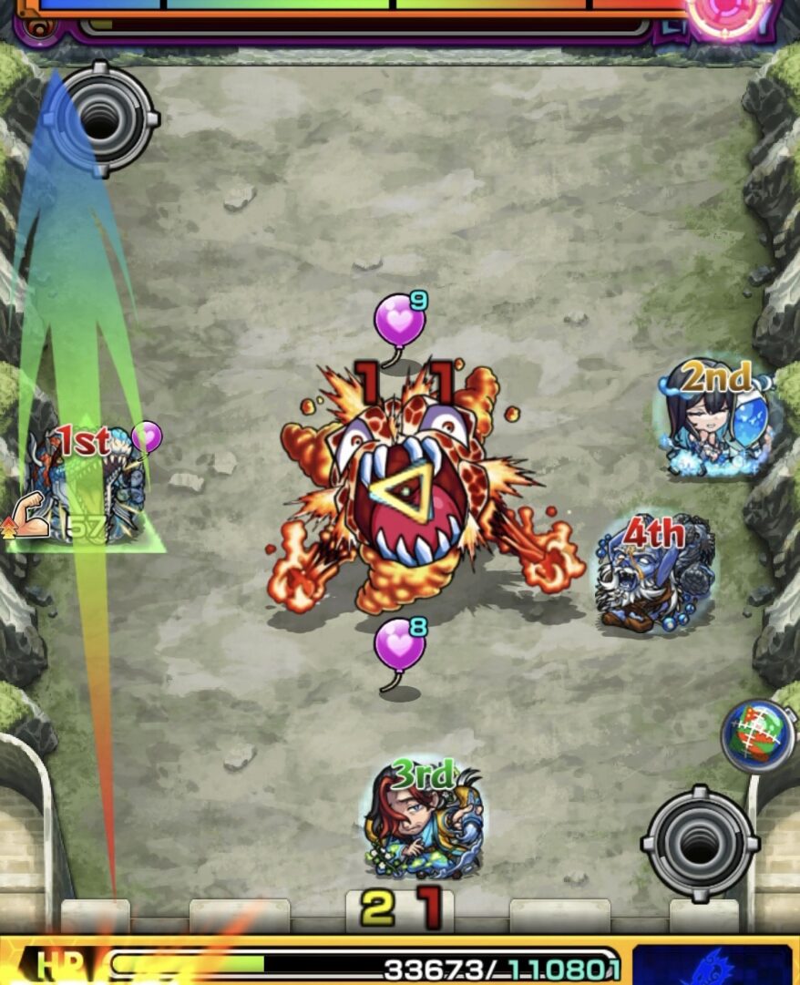 超究極デストロイヤーのステージ3攻略4手目。ヒーリングバルーンを敵に付与しないよう調整しつつ、ビジョンベースの分身でバゴーンの弱点を攻撃し撃破した場面の解説画像。