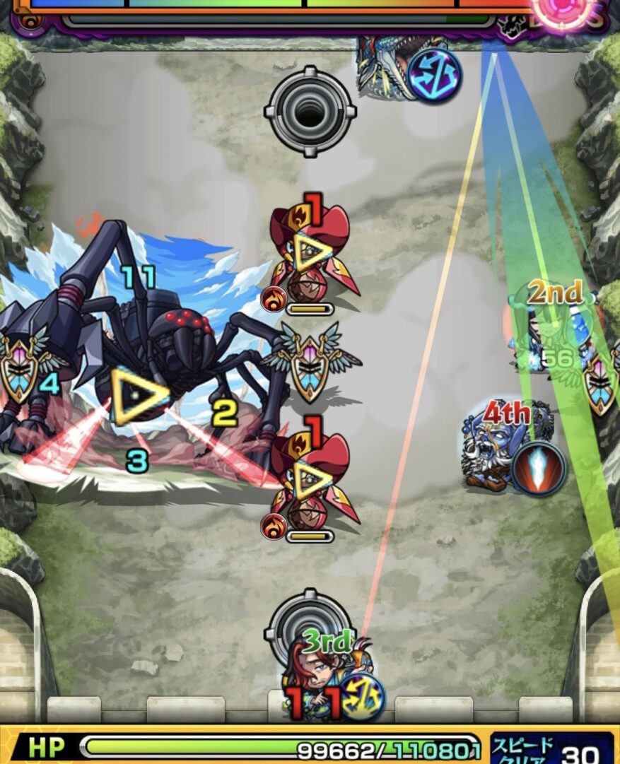 超究極デストロイヤーのボス1攻略1手目。下のビジョンベースを踏み、分身でボスとハンシャインに同時にダメージを与えた立ち回りの解説画像。