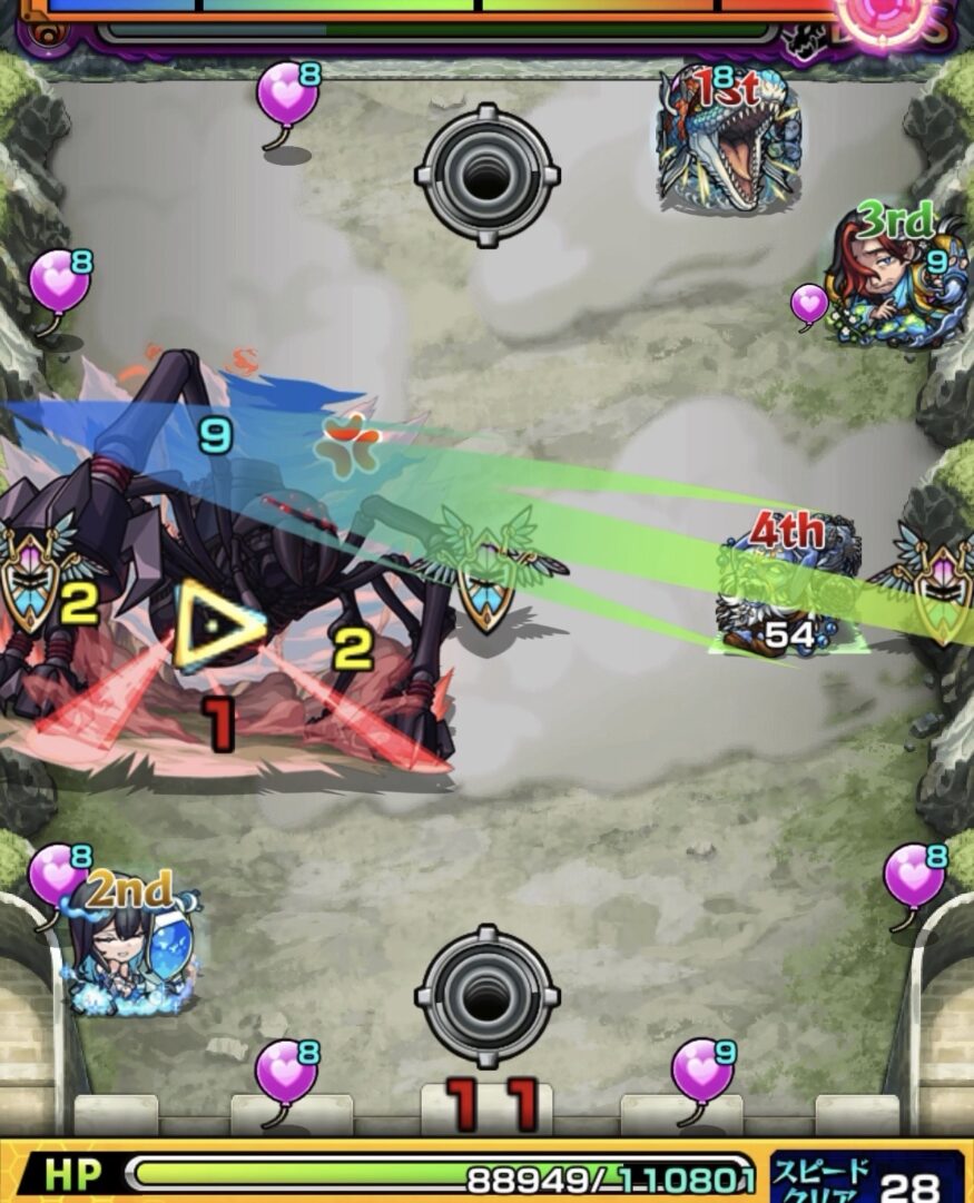 超究極デストロイヤーのボス1攻略3手目。ヒーリングバルーンを味方側に付与しながらビジョンベースの分身でボスの弱点を攻撃し撃破した場面の解説画像。