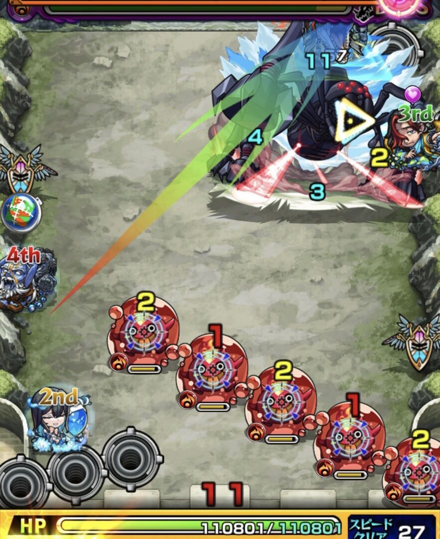 超究極デストロイヤーのボス2攻略1手目。右上のビジョンベースを踏み、複数のビジョンベースから分身を出してぷよリン処理とボスへのダメージを同時に行った場面の解説画像。