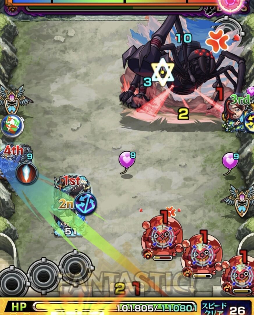 超究極デストロイヤーのボス2攻略2手目。左壁反射からビジョンベースを踏み分身で攻撃したが、ヒーリングバルーンをボスに付与してしまいダメージが伸びなかった場面の解説画像。