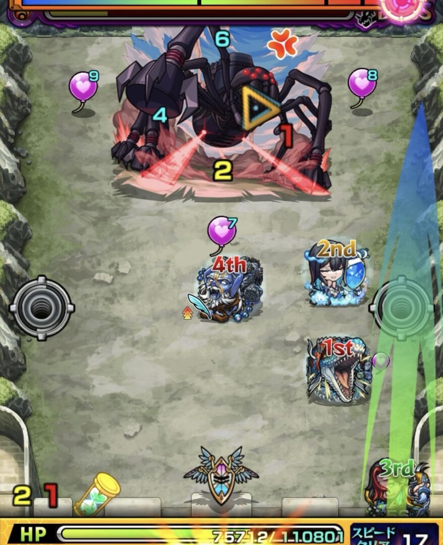 超究極デストロイヤーのボス3攻略6手目。ヒーリングバルーンを敵に付与しないよう調整しつつ、ビジョンベースの分身でボスのHPを削り切って撃破した場面の解説画像。