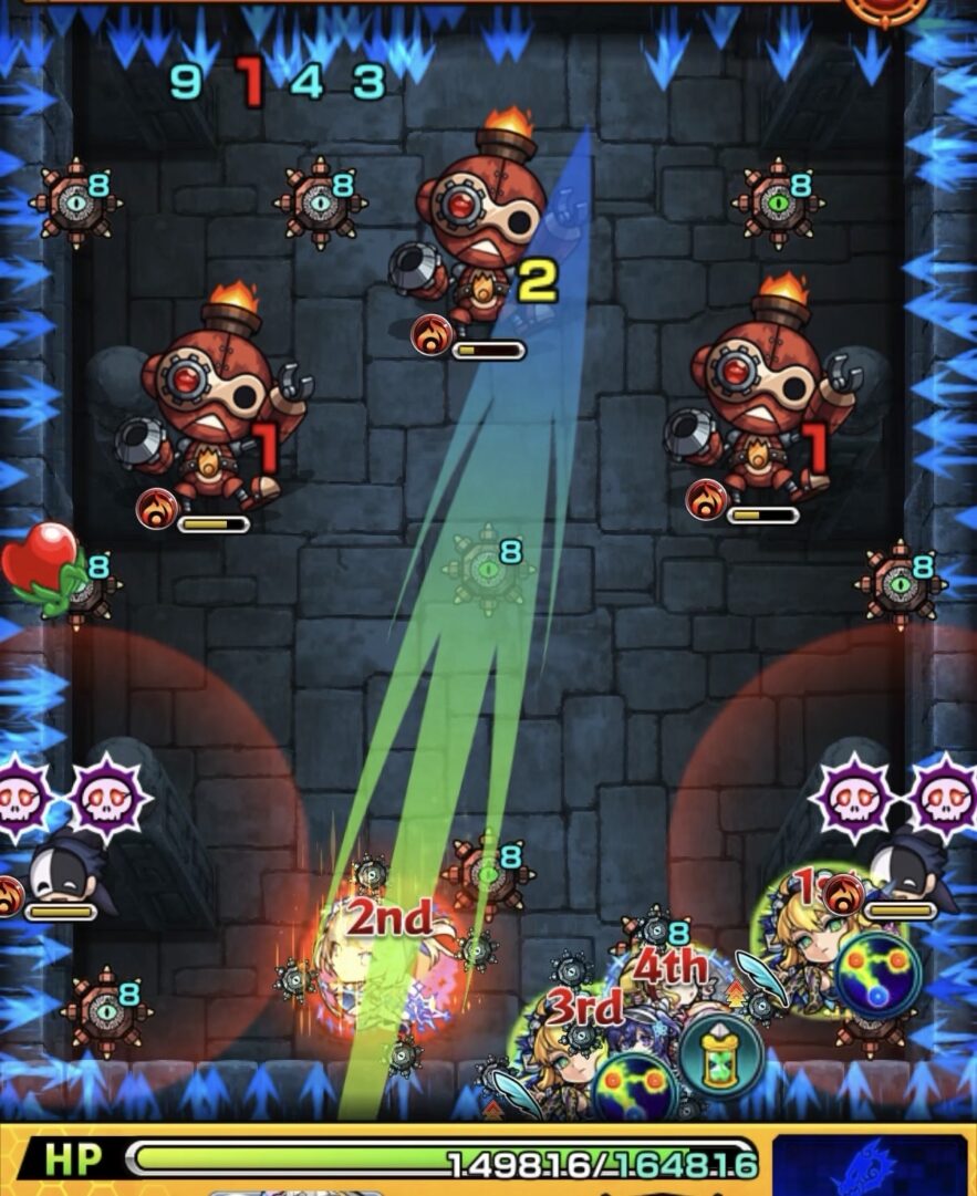 地雷を回収しながら上壁経由で地雷ロボ3体を同時処理してステージ1を突破する場面