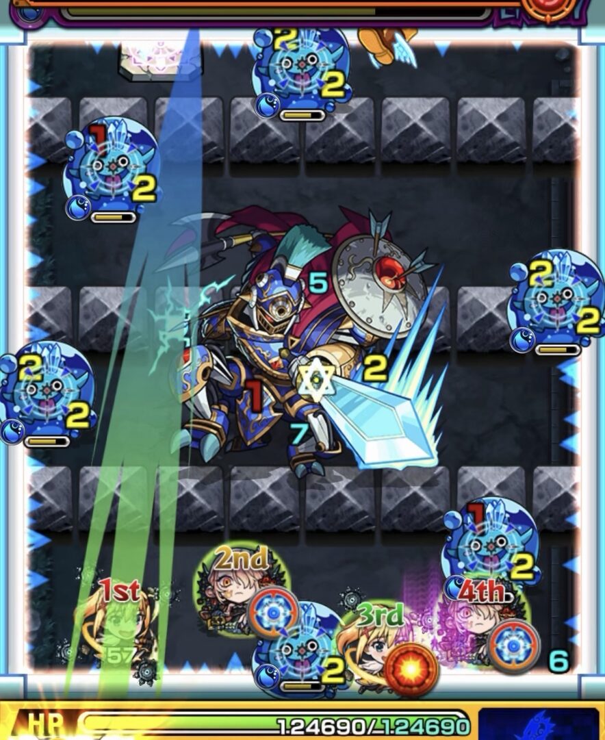 ステージ1で壁に2面ふれてパワーチェンジウォールを赤にし中ボスの弱点を攻撃してダメージを与えるシーン