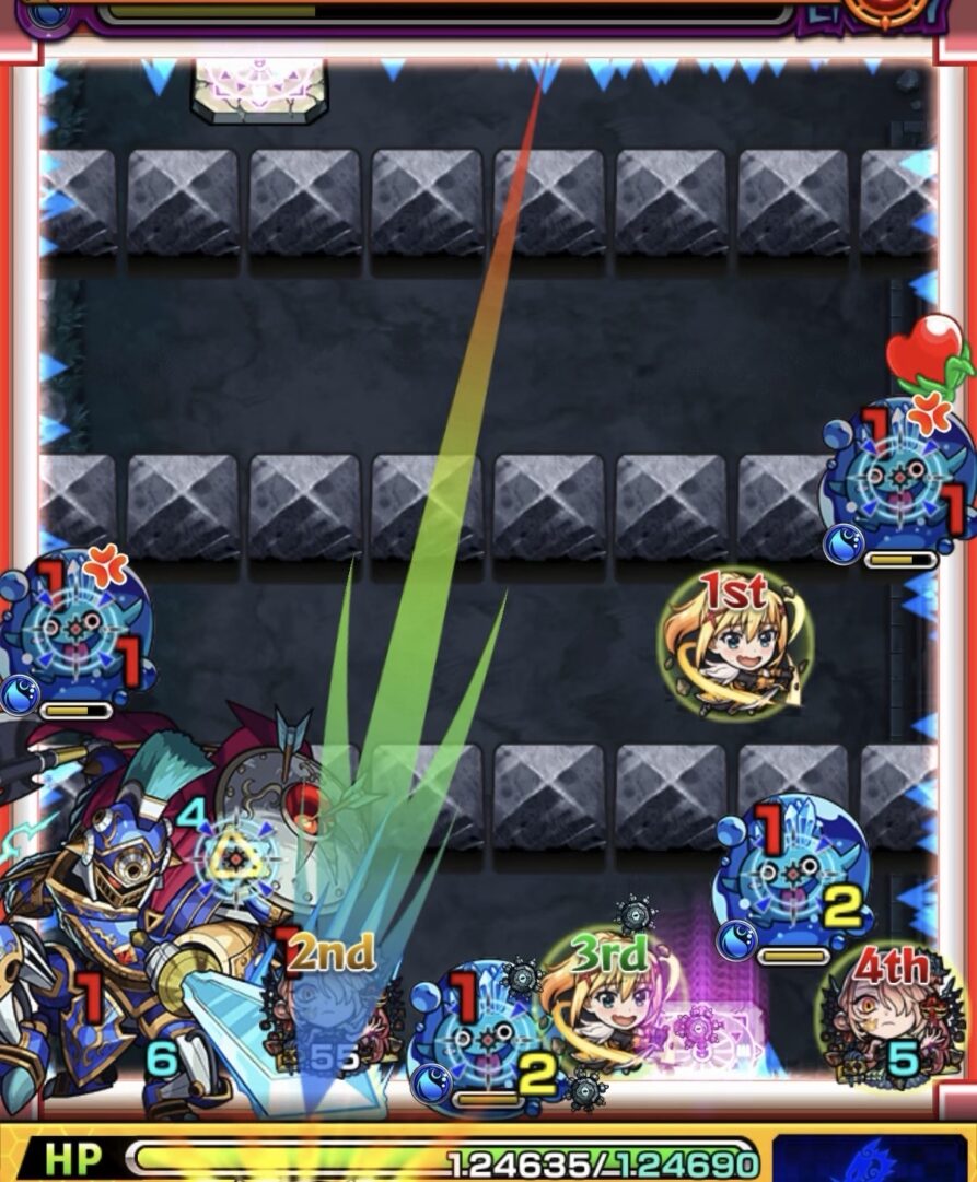 ステージ1で壁に3面ふれてぷよリンを処理しつつ中ボスの弱点を攻撃しダメージを与えたシーン