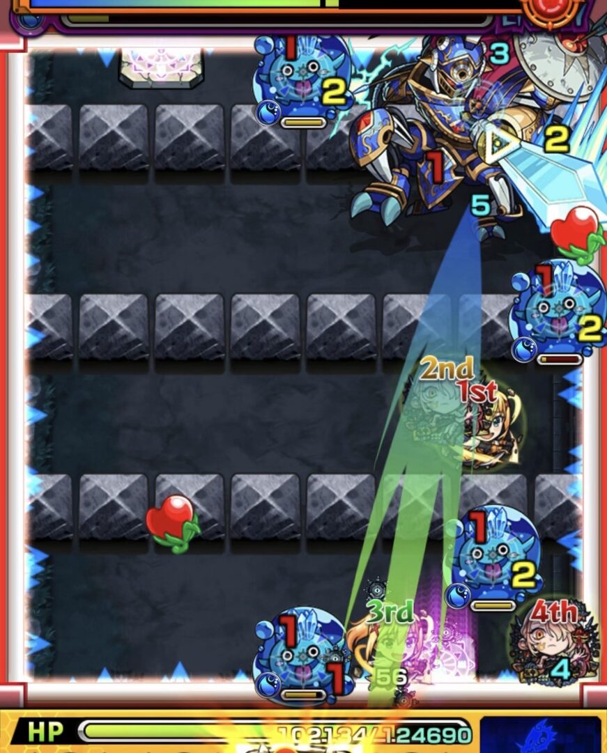 ステージ1で赤状態の壁を活かして中ボスの弱点を直接攻撃し撃破するシーン