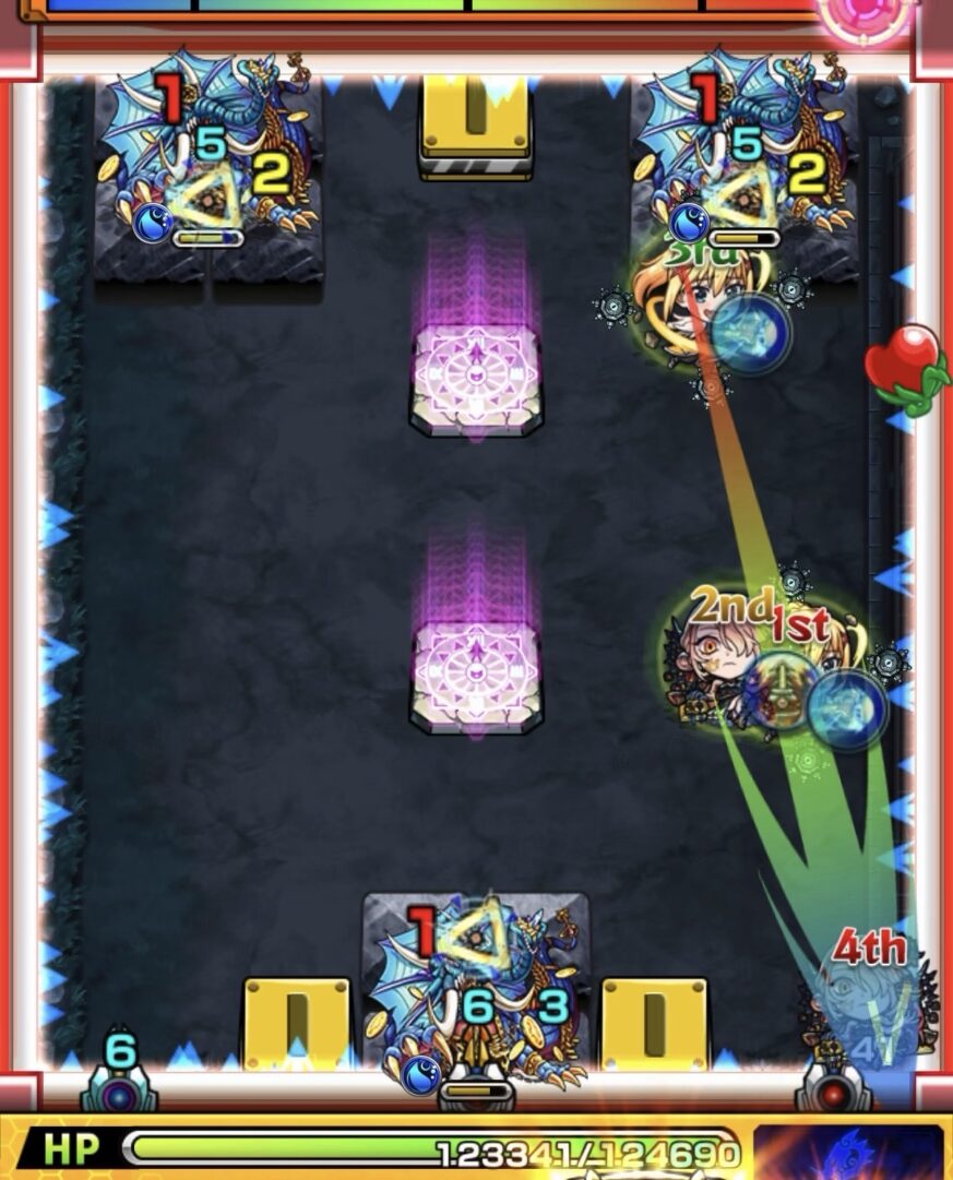 ステージ2で壁に3面ふれて赤状態にしエナジーを取得してグロークランツを狙うもイレバンで失敗した場面