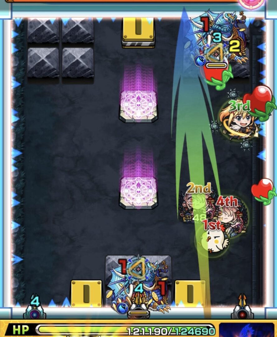 ステージ2で上壁から下壁へ反射しエナジーを取得してグロークランツの弱点を攻撃して処理する場面