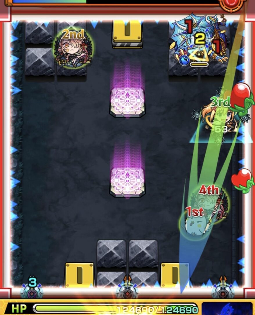 ステージ2で壁に3面ふれて赤状態にしエナジーを取得してグロークランツの弱点を攻撃して突破する場面