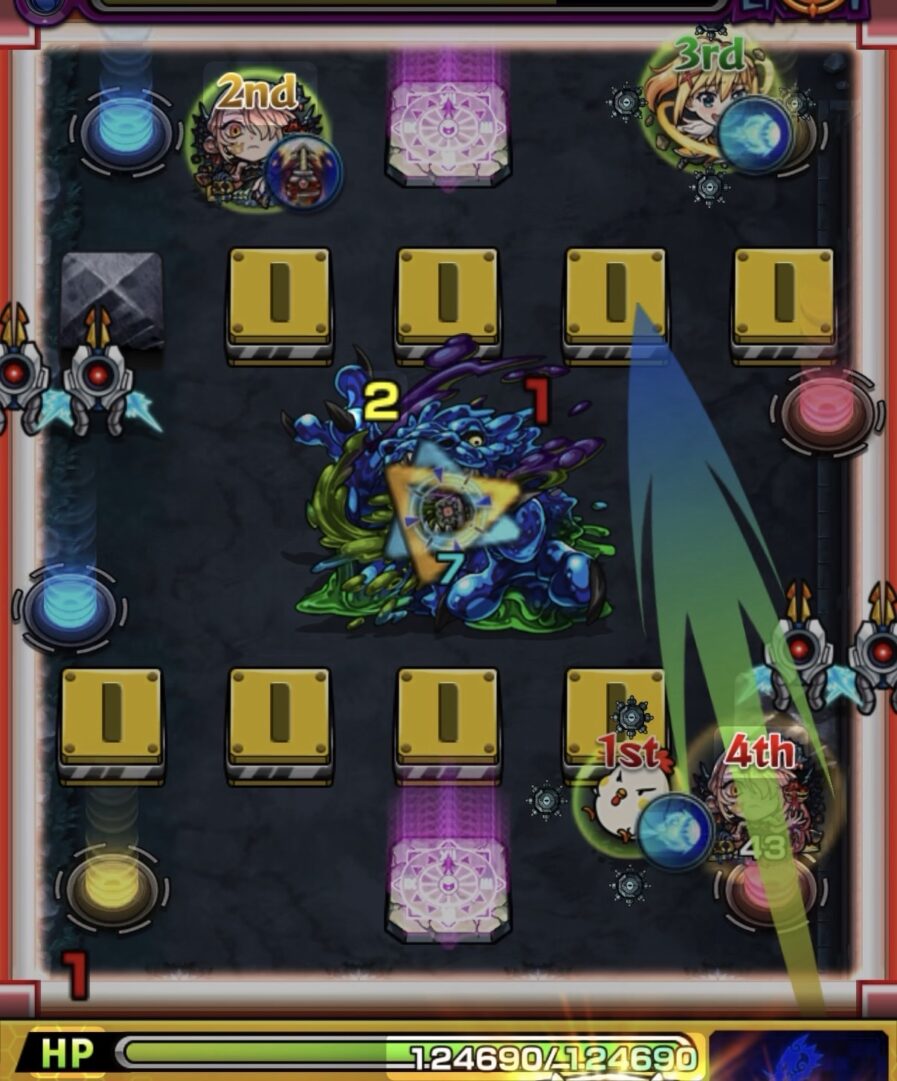 ステージ3でエナジーを複数取得して内部弱点の中ボスを攻撃し撃破する場面