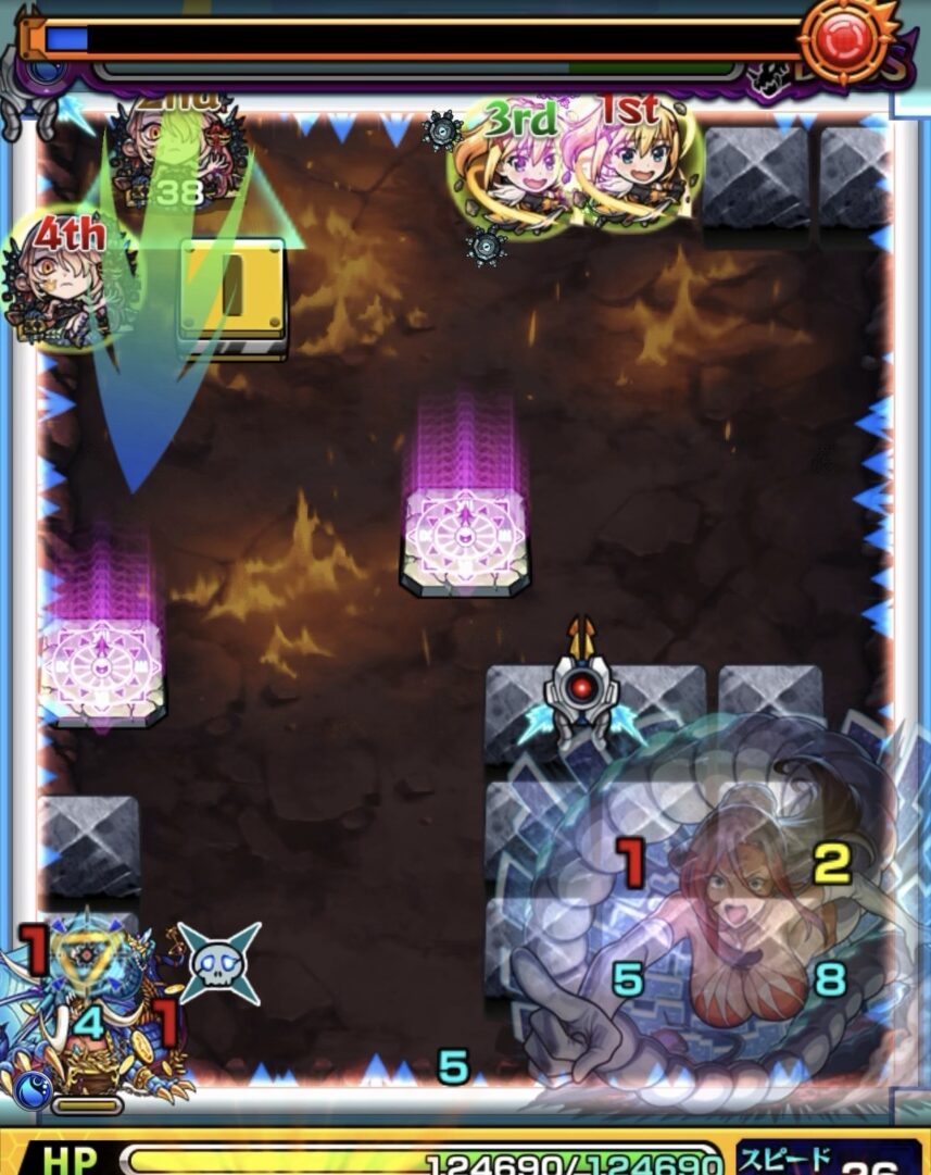 ボス1でエナジー取得後に上壁と左壁で2面ふれてグロークランツを処理しボスが実体化する場面