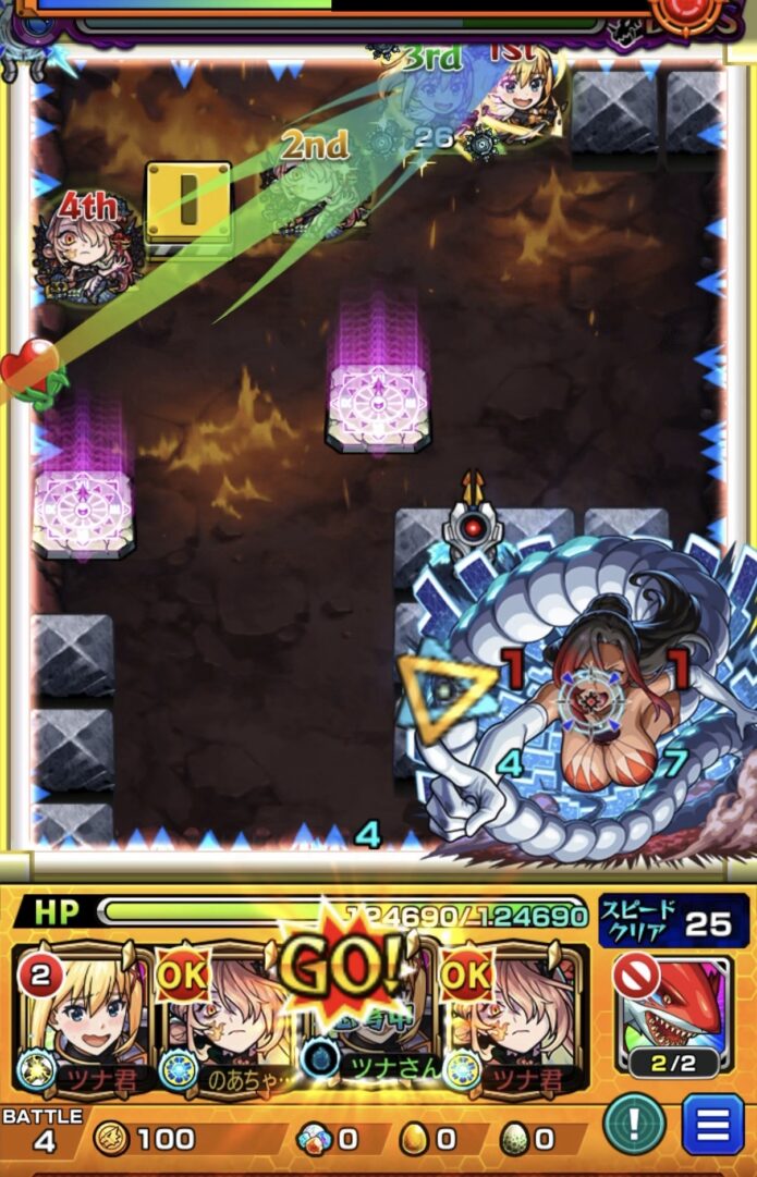 ボス1でダクネスのSSを使い壁4面で調整しエナジー取得から弱点攻撃でボスを撃破する場面