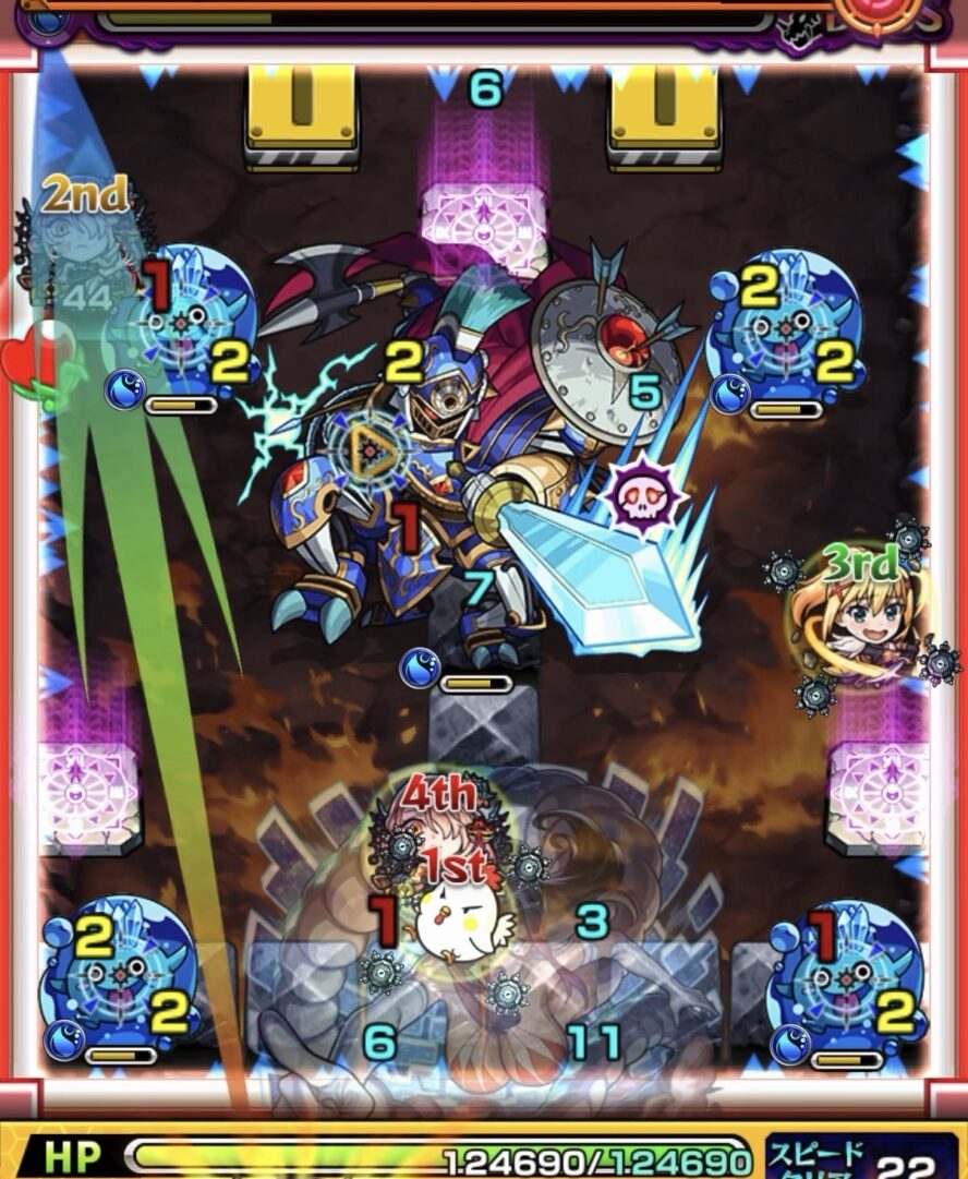 ボス3で透過中に壁3面で赤状態にしエナジー取得から中ボスの弱点を攻撃してダメージを与える場面