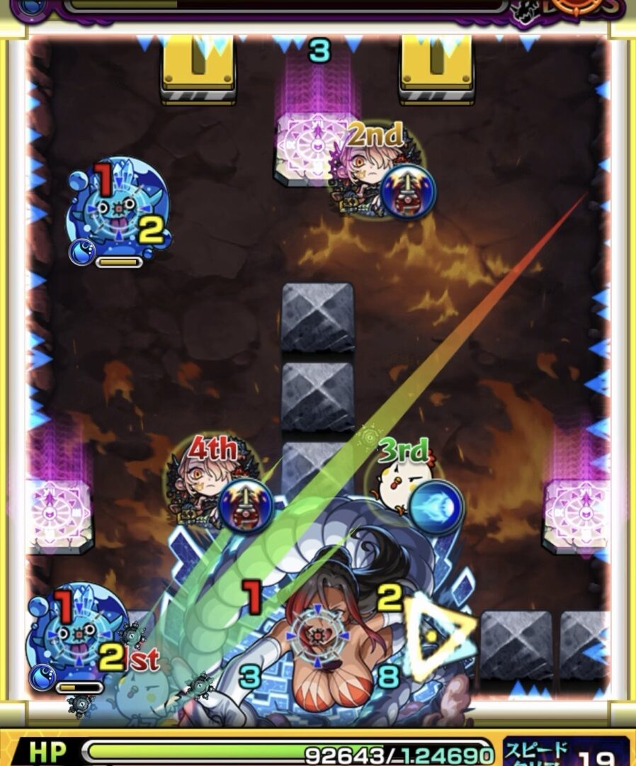 ボス3で壁4面で調整しエナジー攻撃を狙うも弱点に当たらずダメージを出せなかった場面