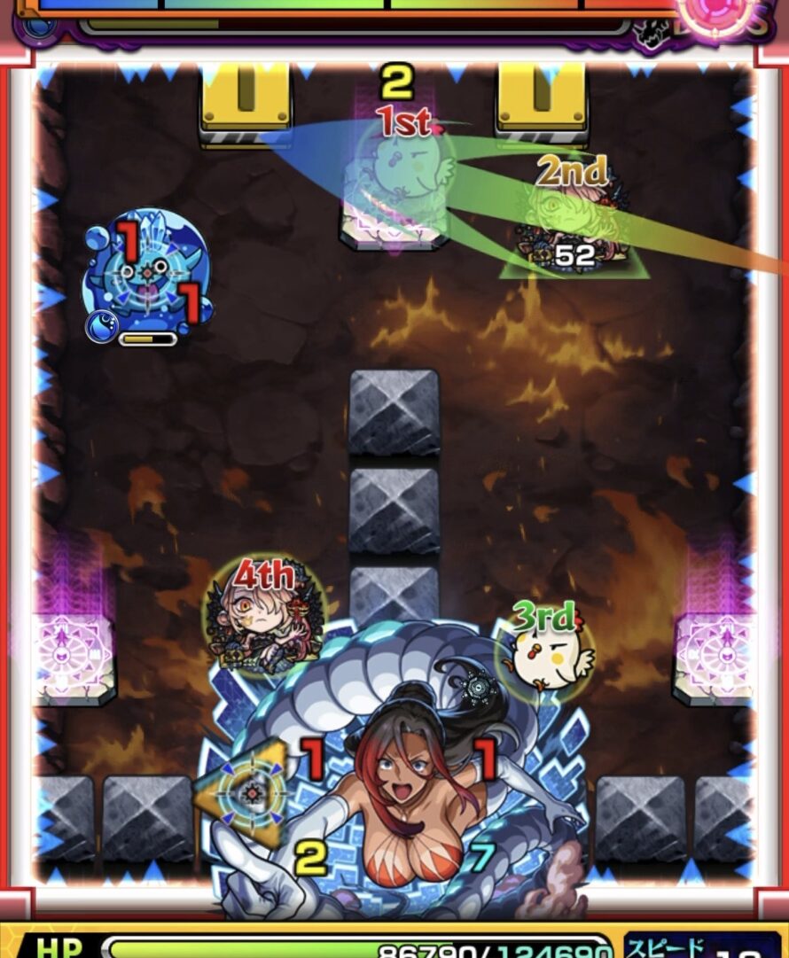 ボス3でエナジーを2個取得し壁3面で赤状態にして弱点攻撃でボスを撃破する場面