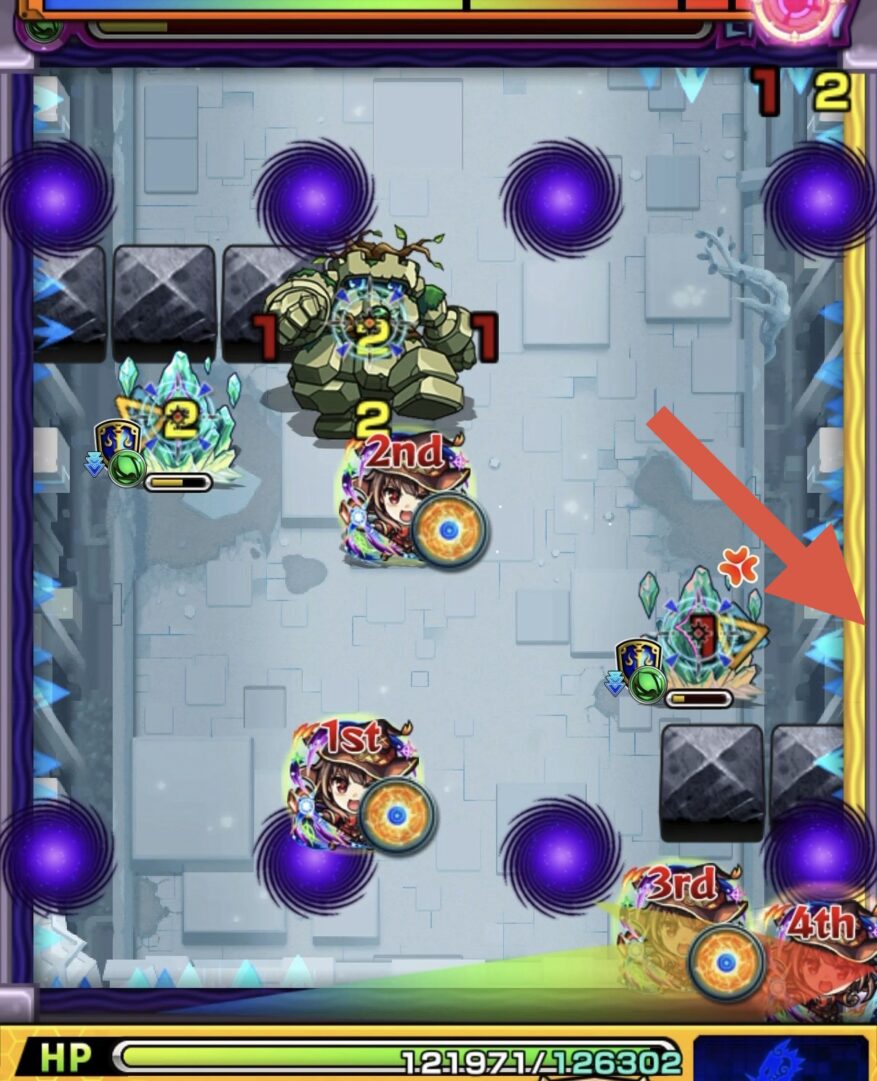 コキュートスの星墓ステージ1の4手目で壁反射を利用してクリスタル弱点を攻撃し中ボスを撃破する場面