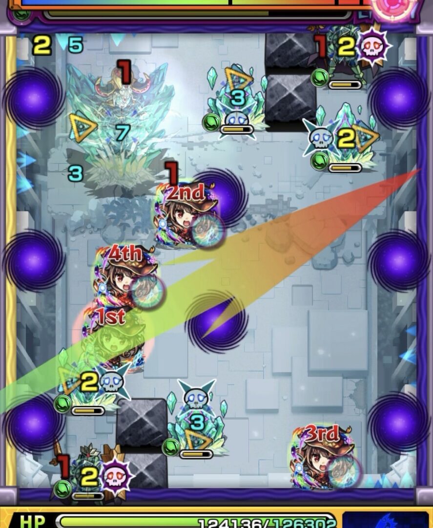 コキュートスの星墓ステージ2の初手で右壁反射から聖騎士とクリスタルの間を狙うも処理できなかった場面