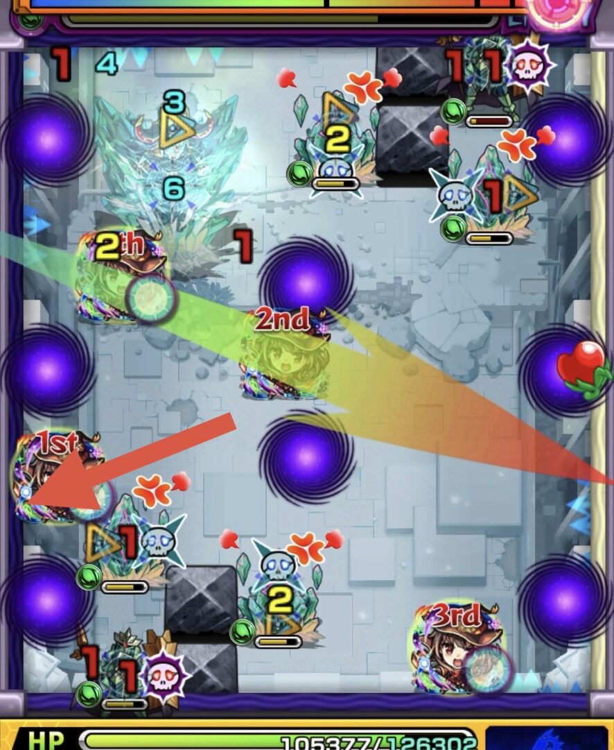 コキュートスの星墓ステージ2の2手目でスルーチェンジウォールにより想定外の軌道から聖騎士を処理しクリスタルを防御ダウンさせた場面