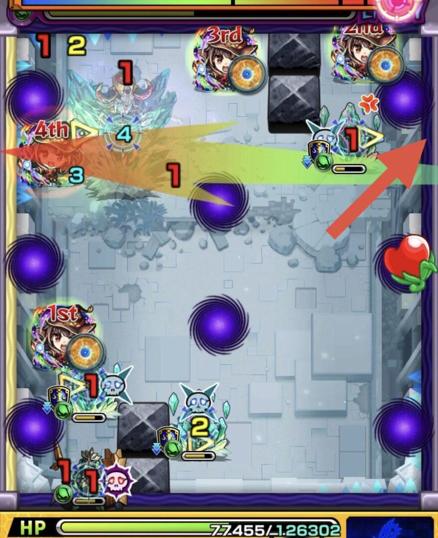 コキュートスの星墓ステージ2の4手目で左壁から右壁に抜けてクリスタル弱点を攻撃し中ボスにダメージを与える場面