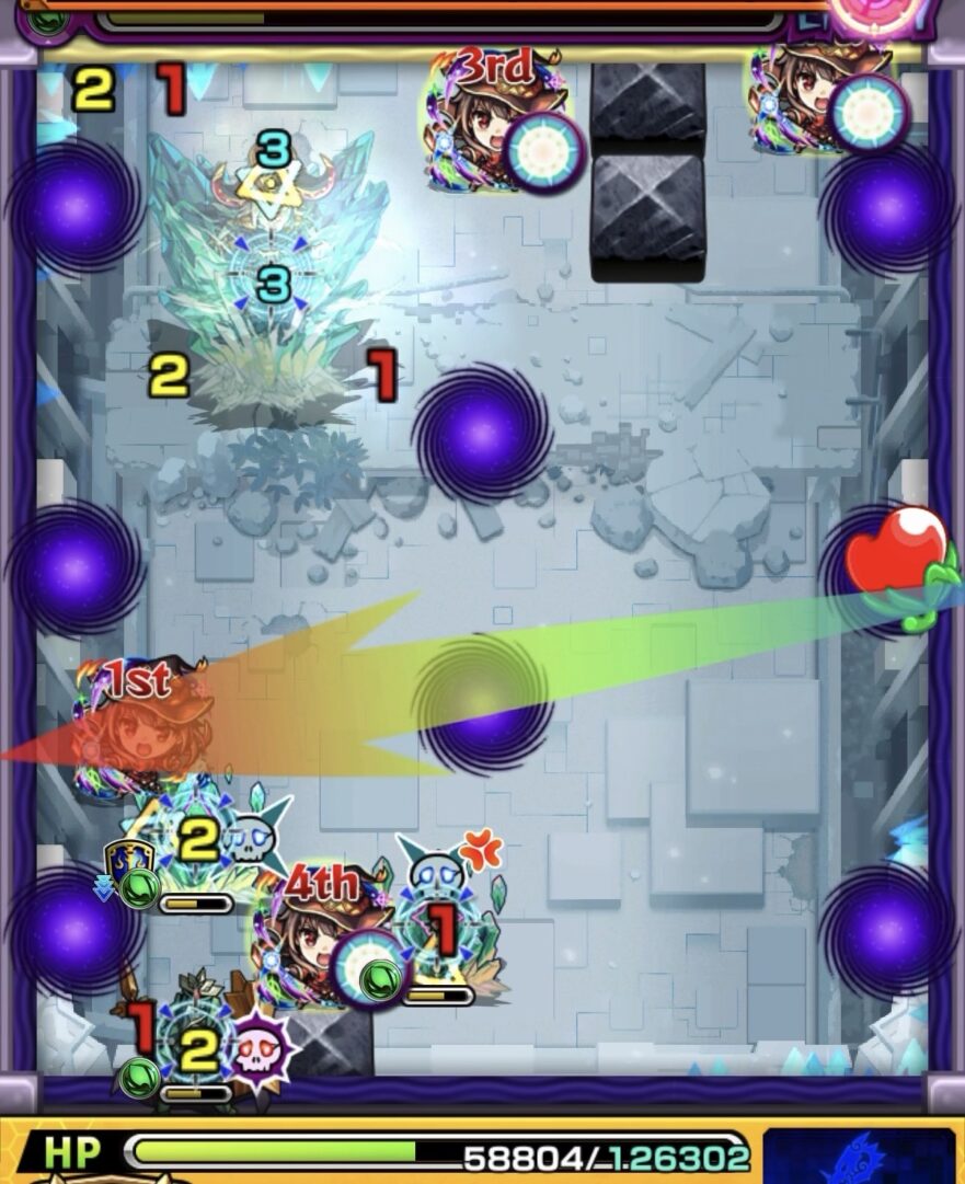 コキュートスの星墓ステージ2の5手目で左壁反射からクリスタル弱点を攻撃しつつ敵処理に成功した場面