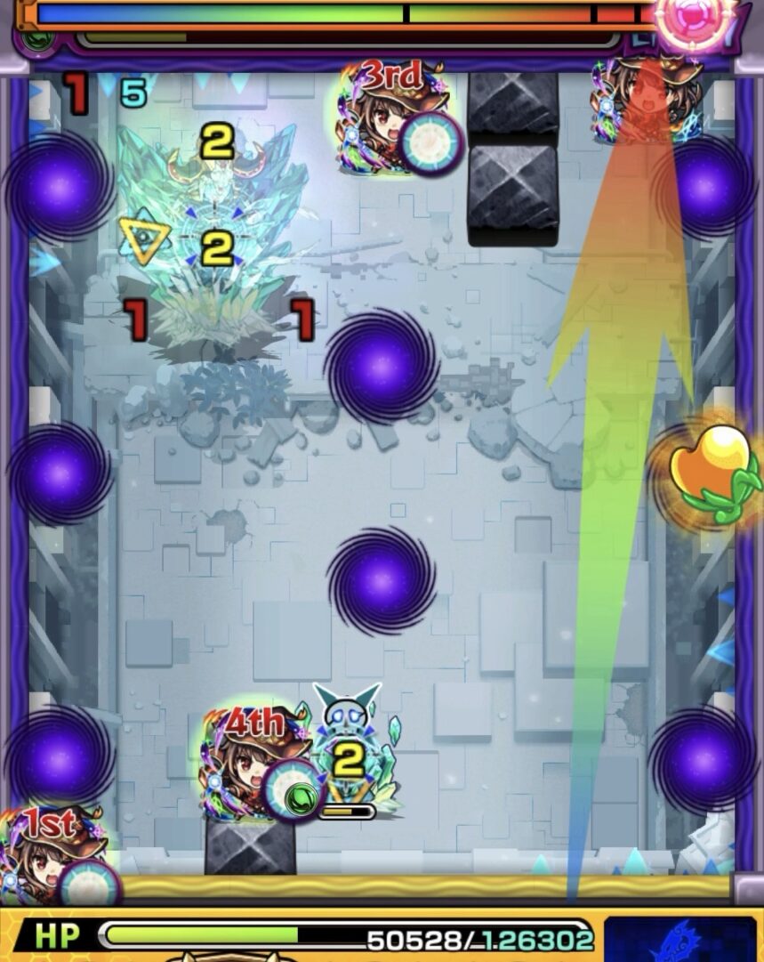 コキュートスの星墓ステージ2の6手目で上壁から右壁下壁を経由し縦軸でクリスタル弱点を攻撃して処理し中ボスが覚醒する場面