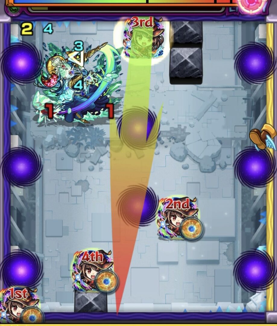 コキュートスの星墓ステージ2の7手目でブロックに弾かれながらも友情と直殴りで中ボスを削り切って突破した場面