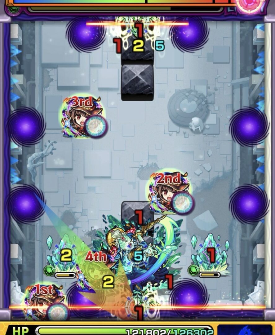 コキュートスの星墓ステージ3の初手でセンサー発動後にシールド反射を利用して中ボスとクリスタルの間に挟まりダメージを与える場面