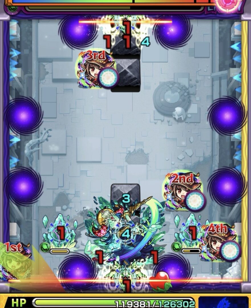 コキュートスの星墓ステージ3の2手目で下壁反射からセンサーを経由して挟まり中ボスを撃破する場面