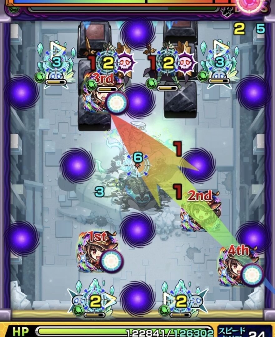 コキュートスの星墓ボス1の初手でブロック反射から聖騎士2体の間に挟まり同時処理してクリスタルを防御ダウンさせる場面