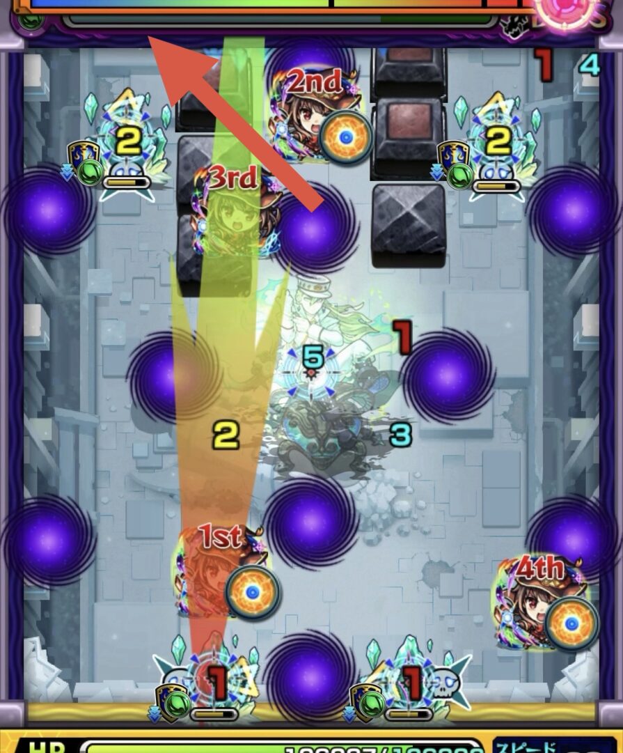 コキュートスの星墓ボス1の2手目で下壁からすり抜けて上のクリスタルを狙い左壁反射で弱点を捉えて処理した場面