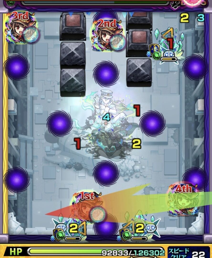 コキュートスの星墓ボス1の3手目で下のクリスタル2体の弱点を攻撃し同時処理したがボスへのダメージが伸びなかった場面