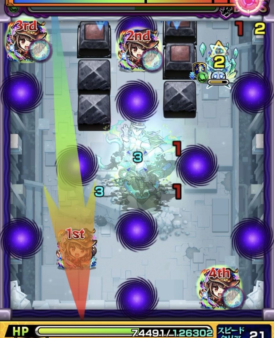 コキュートスの星墓ボス1の4手目で縦軸のルートから壁反射でクリスタル弱点を攻撃し処理してボスが覚醒する場面