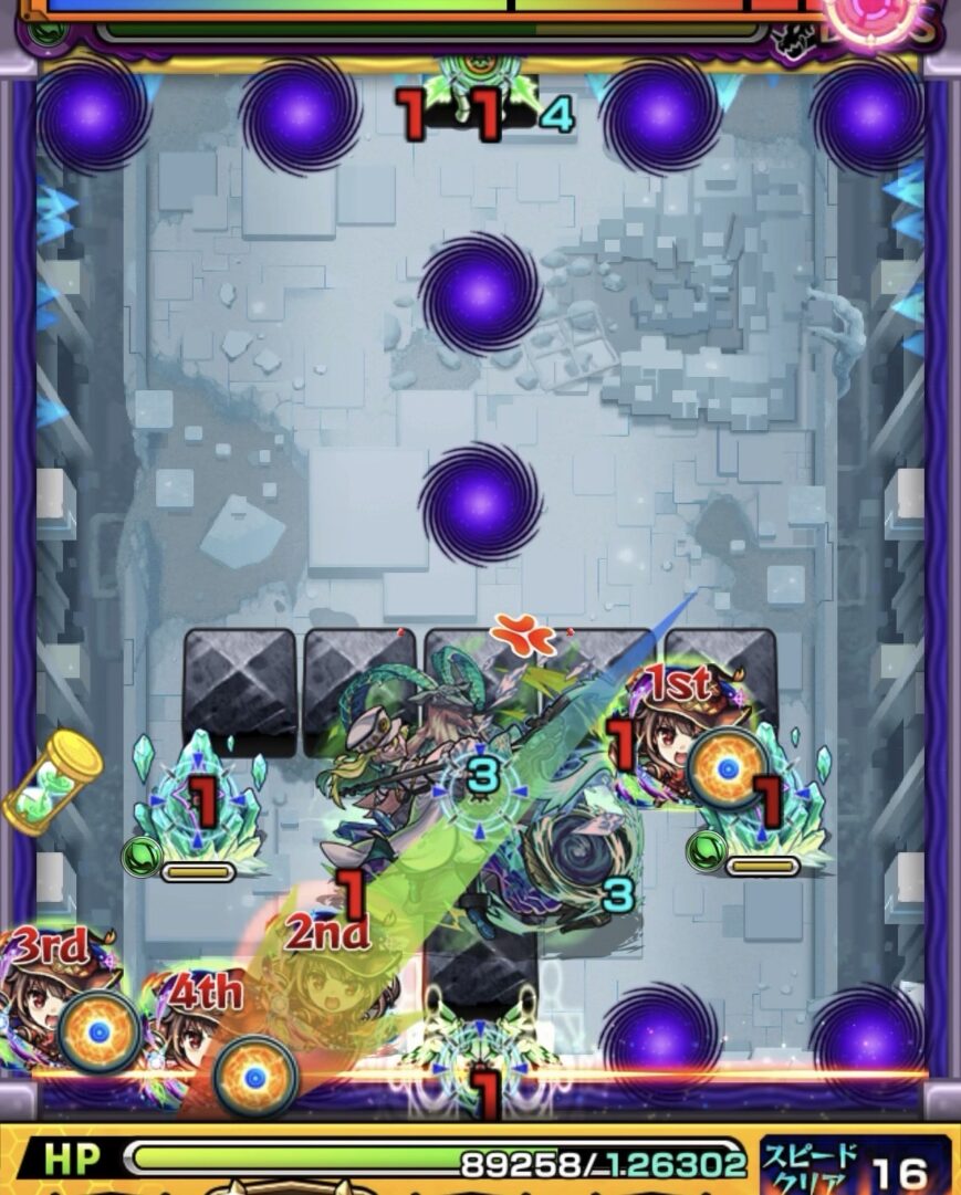 コキュートスの星墓ボス2の2手目で左上反射からセンサーを経由して挟まりを狙うもすり抜けてダメージが出なかった場面